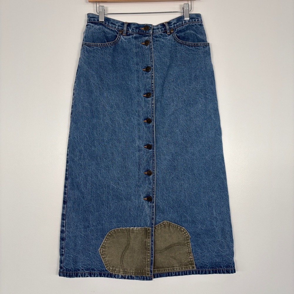Eddie Bauer Women Denim Maxi Skirt 10 Blue Flannel Lined ButtonFront BUM Surplus